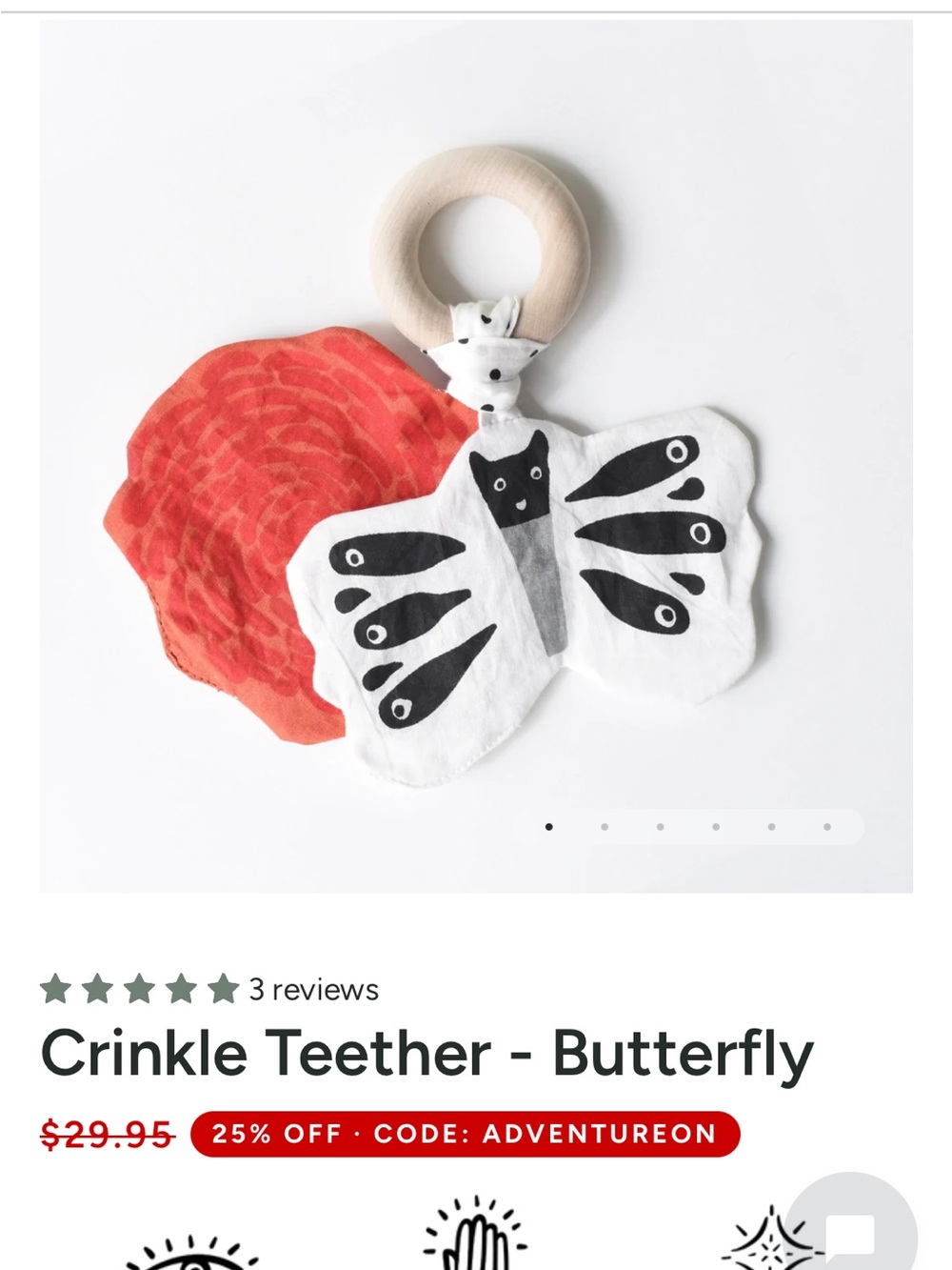 Gallery Red & White Crinkle Butterfly Teether with Wooden Ring